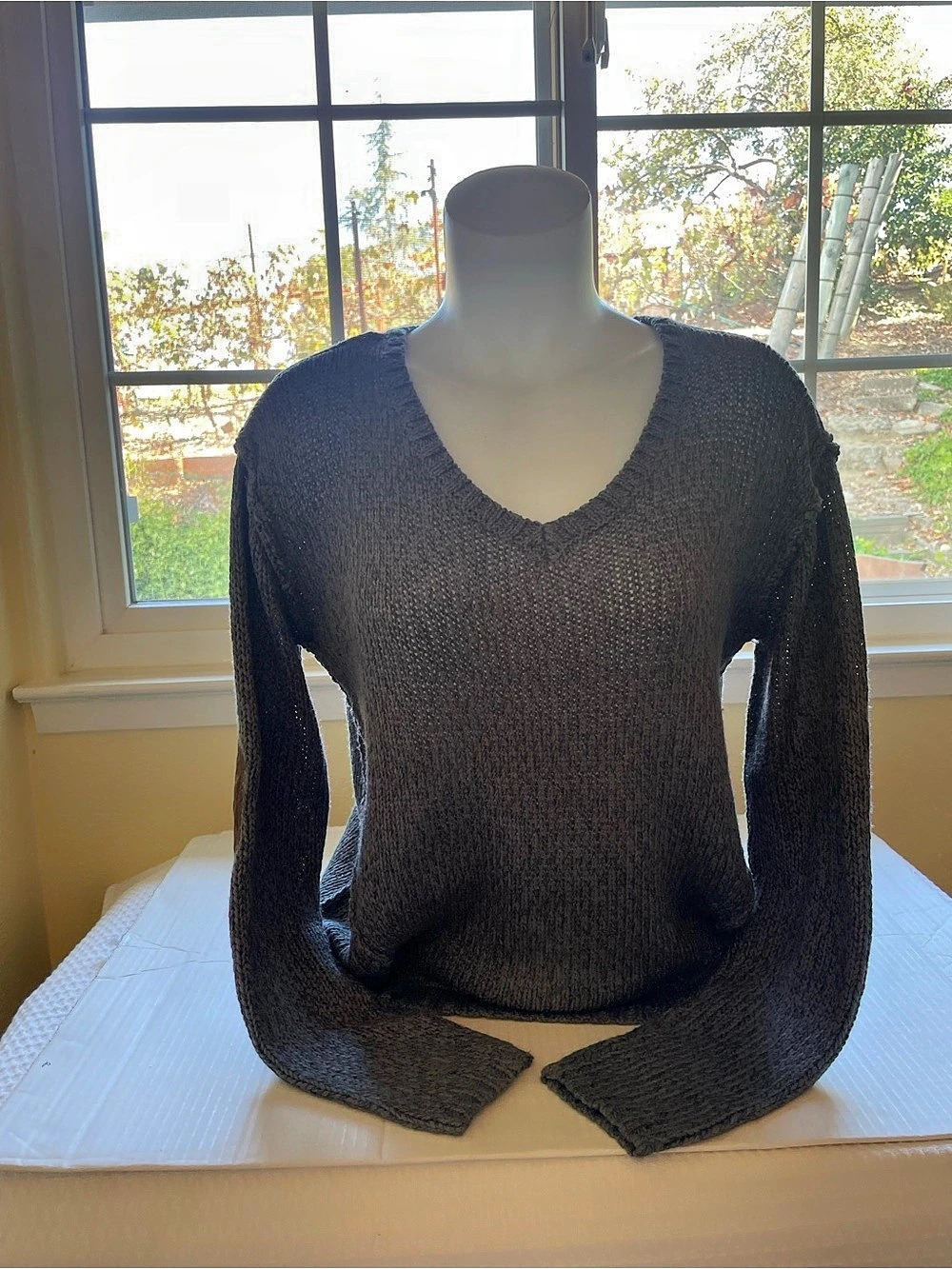 RD style V-Neck Knit Pullover Sweater Heather Gray Large